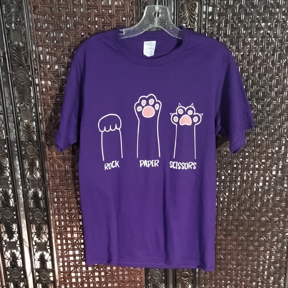 Purple Adult T-Shirt with Fun Graphic Cat Paws Rock Paper Scissors